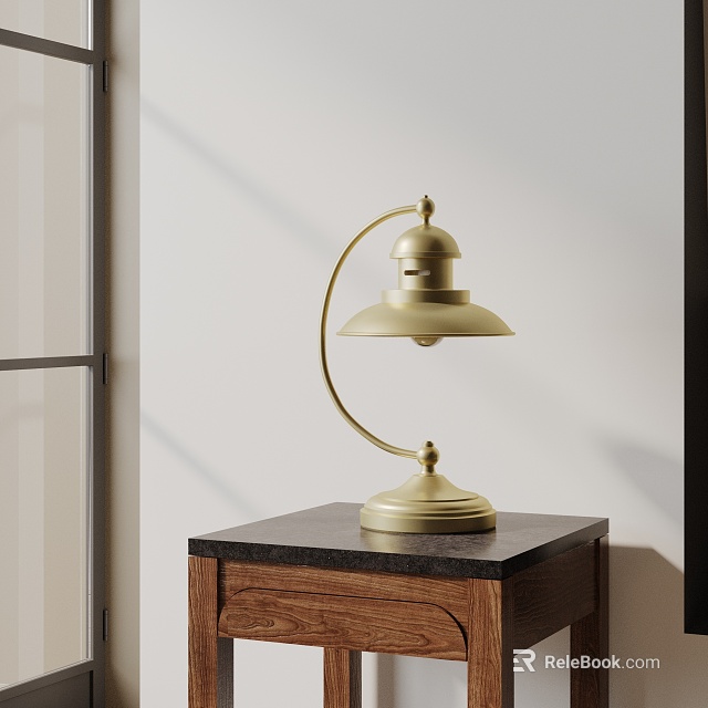 Elegant Brass Table Lamp With Arched Design On Wooden Table Black Countertop 3d model 