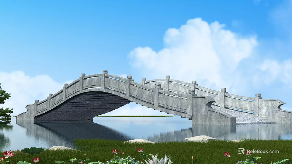 Stone Arch Bridge Over Calm Water With Lotus Flowers And Blue Sky 3d model 