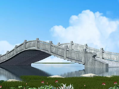 Stone Arch Bridge Over Calm Water With Lotus Flowers And Blue Sky 3d model