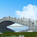 Stone Arch Bridge Over Calm Water With Lotus Flowers And Blue Sky