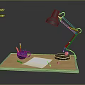 Wooden Desk Setup With Black Desk Lamp Pen Holder Blank Paper Pencil And Sharpener