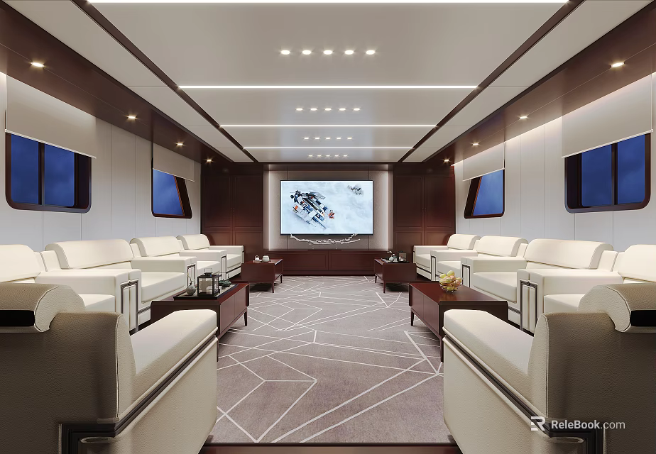 Modern Hotel Public Lounge With White Sofas Large TV Geometric Carpet Wooden Ceiling And Windows 3d model 