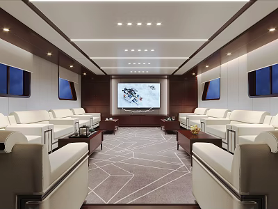 Modern Hotel Public Lounge With White Sofas Large TV Geometric Carpet Wooden Ceiling And Windows 3d model