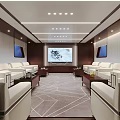 Modern Hotel Public Lounge With White Sofas Large TV Geometric Carpet Wooden Ceiling And Windows