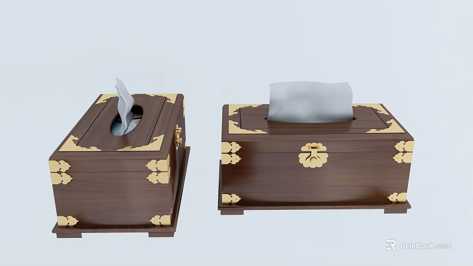 Wooden Tissue Box With Gold Decorative Accents As Essential Household Supplies 3d model 