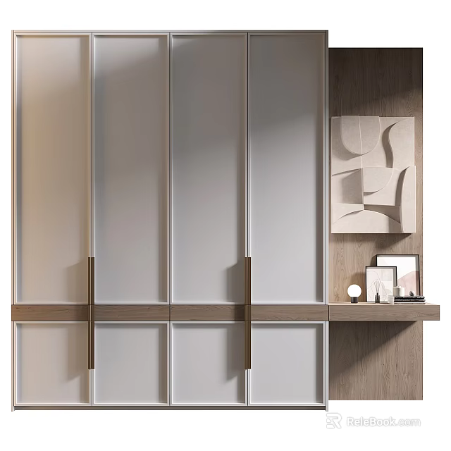 Modern Decorative Cabinet With Glass Doors Wooden Frame And Wall Art Decorations 3d model 