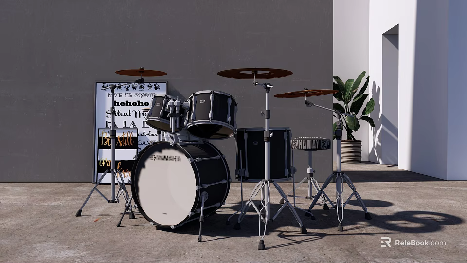 Complete Drum Set With Music Stand Sheet Music And Green Plant Near Gray Wall 3d model 