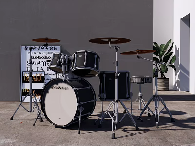 Complete Drum Set With Music Stand Sheet Music And Green Plant Near Gray Wall 3d model