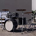 Complete Drum Set With Music Stand Sheet Music And Green Plant Near Gray Wall