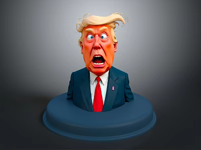 Exaggerated Cartoon Trump Head In Blue Suit With Red Tie On Blue Base 3d model