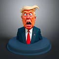Exaggerated Cartoon Trump Head In Blue Suit With Red Tie On Blue Base