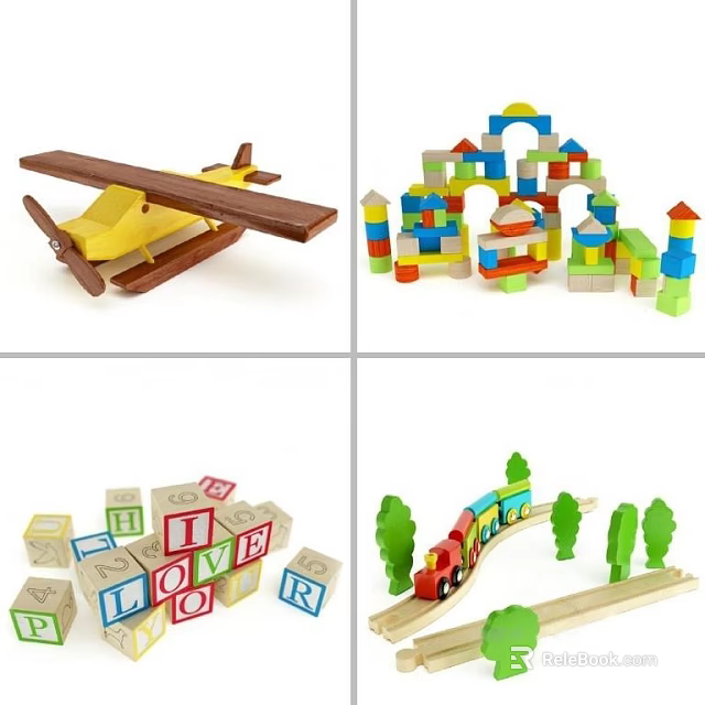 Colorful Wooden Building Blocks With Plane Structures Alphabet Letters And Train Track 3d model 