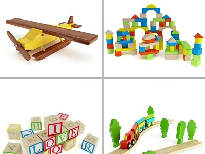 Colorful Wooden Building Blocks With Plane Structures Alphabet Letters And Train Track 3d model