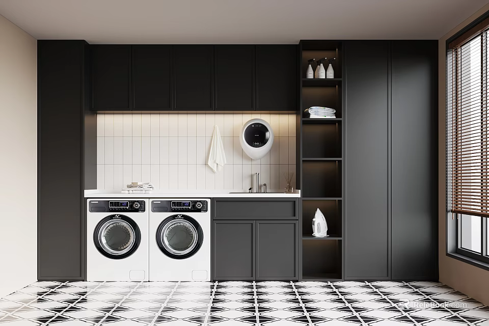 Modern Laundry Room With Black Cabinets White Washing Machines Round Mirror And Open Shelves 3d model 