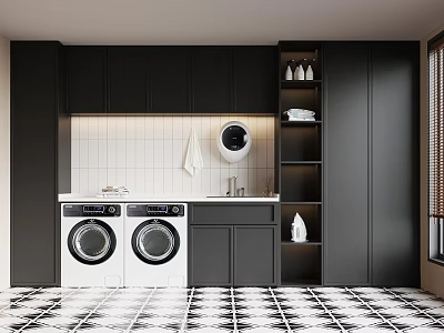 Modern Laundry Room With Black Cabinets White Washing Machines Round Mirror And Open Shelves 3d model