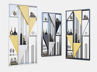 Modern Decorative Cabinet With Geometric Yellow Gray Elements And Decorative Items 3d model