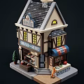 Cute Cartoon Bakery Shop Scene With Gray Roof Chimney Windows Steps Small Tree And Awning