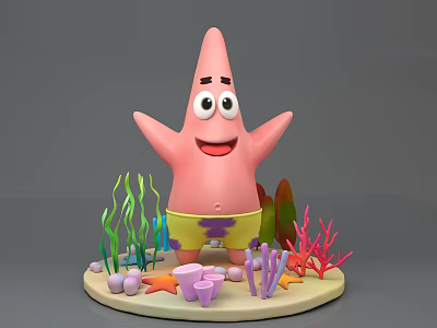 Cartoon Patrick Star Character With Colorful Seaweed Coral And Marine Life 3d model