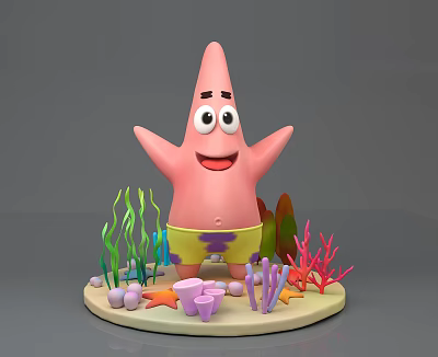Cartoon Patrick Star Character With Colorful Seaweed Coral And Marine Life 3d model