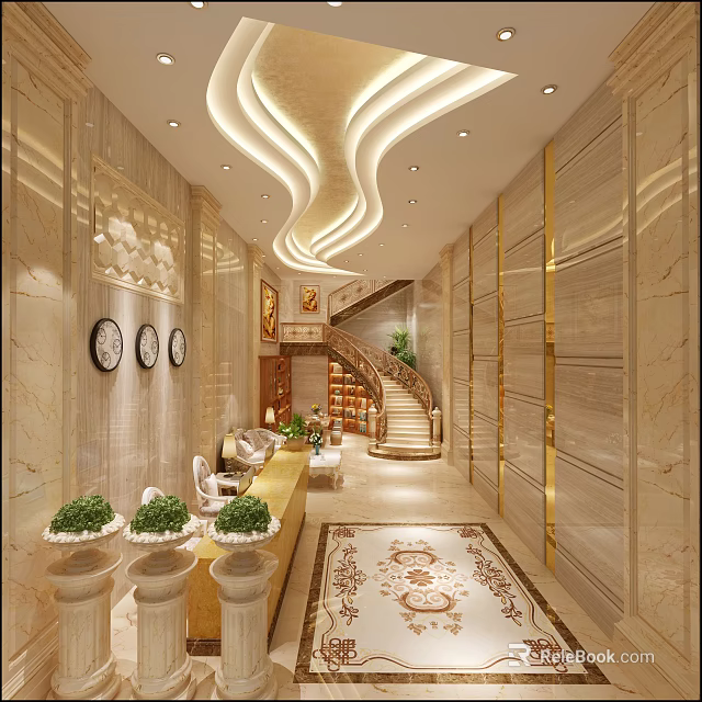 Luxurious Modern Hotel Lobby Interior With Marble Walls Curved Ceiling Lights And Spiral Staircase 3d model 