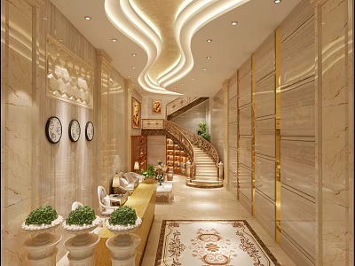 Luxurious Modern Hotel Lobby Interior With Marble Walls Curved Ceiling Lights And Spiral Staircase 3d model