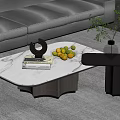 Modern Marble Coffee Table With Fruit Tray Books Decorative Sculpture And Side Table With Plant