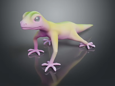 3D Gecko Model With Yellow Green Pink Gradient Large Eyes Pink Claws On Dark Background 3d model