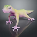 3D Gecko Model With Yellow Green Pink Gradient Large Eyes Pink Claws On Dark Background