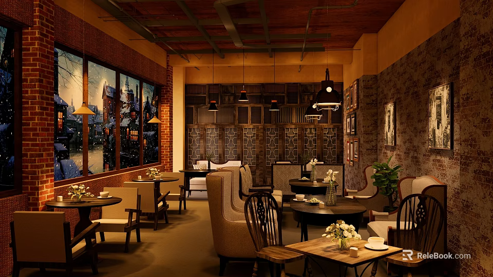 Cozy Café Interior Design With Wooden Ceiling Brick Wall Pendant Lights And Comfortable Seats 3d model 