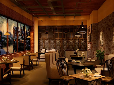 Cozy Café Interior Design With Wooden Ceiling Brick Wall Pendant Lights And Comfortable Seats 3d model