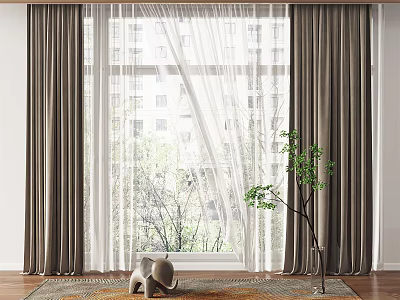 Gray Curtains And White Sheer Double Layer For Window With Trees Outside And Green Plant 3d model