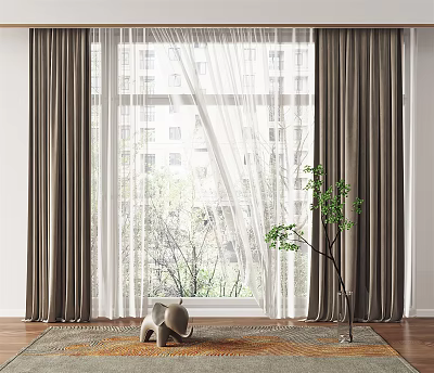 Gray Curtains And White Sheer Double Layer For Window With Trees Outside And Green Plant 3d model
