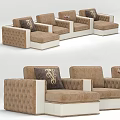 Brown And White Sectional Sofa With Tufted Design And Decorative Pillows 3d model