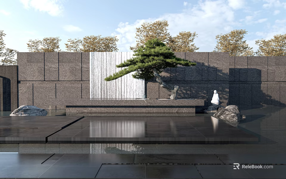 Modern Scenic Feature Wall with Pine Tree Water Pool Reflection and Stones 3d model 
