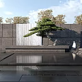 Modern Scenic Feature Wall with Pine Tree Water Pool Reflection and Stones