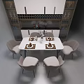 Modern Dining Table Set with Gray Upholstered Chairs Marble Top and Tableware Decor 3d model