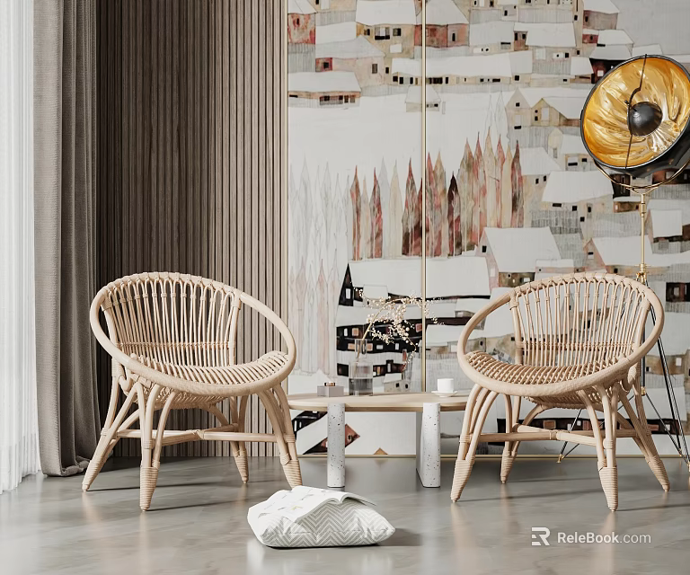 Two Woven Rattan Chairs With Small White Table In Living Room And Patterned Wallpaper Floor Lamp 3d model 