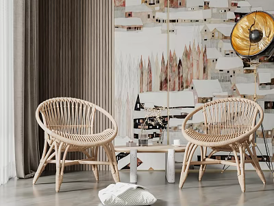 Two Woven Rattan Chairs With Small White Table In Living Room And Patterned Wallpaper Floor Lamp 3d model