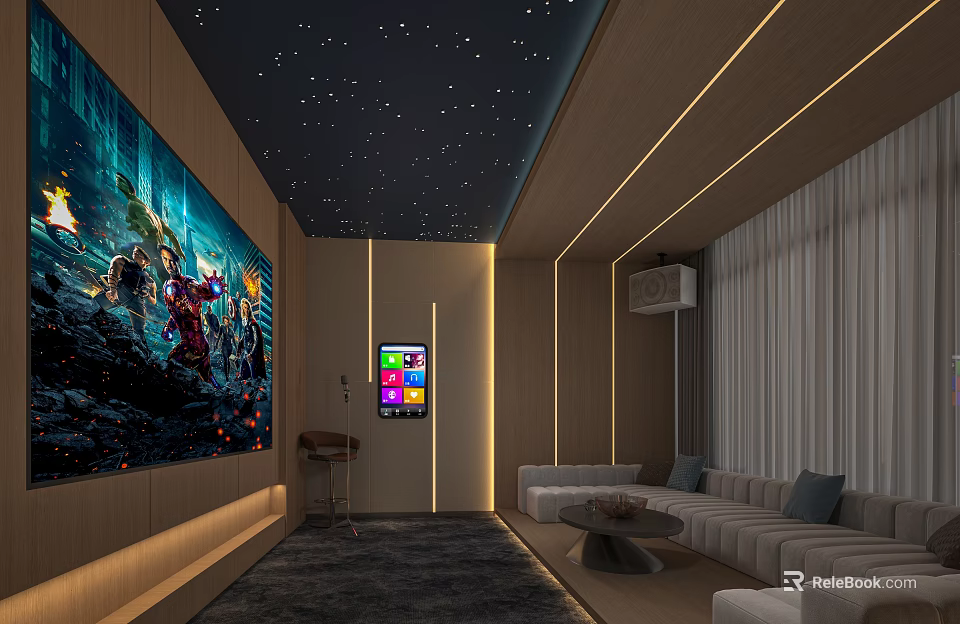 Modern Home Theater With Starry Ceiling Large Screen And Comfortable Sofas 3d model 