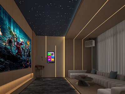 Modern Home Theater With Starry Ceiling Large Screen And Comfortable Sofas 3d model