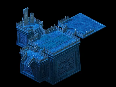 Cartoon Scene Featuring Blue Multi Tiered Platforms With Steps Carvings And Tower 3d model