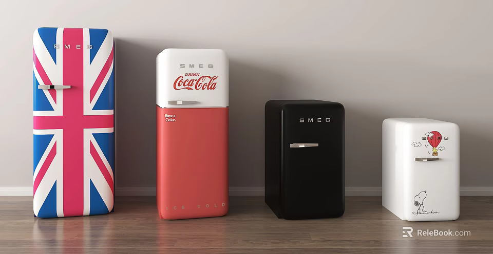 Colorful Retro Fridge Collection Featuring Union Jack Smeg Coca-Cola And White Designs On Wooden Floor 3d model 
