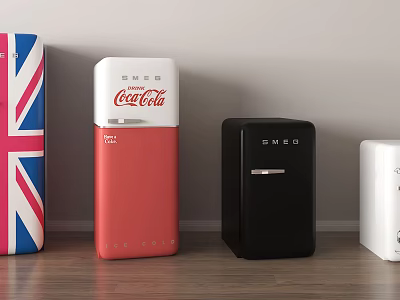 Colorful Retro Fridge Collection Featuring Union Jack Smeg Coca-Cola And White Designs On Wooden Floor 3d model