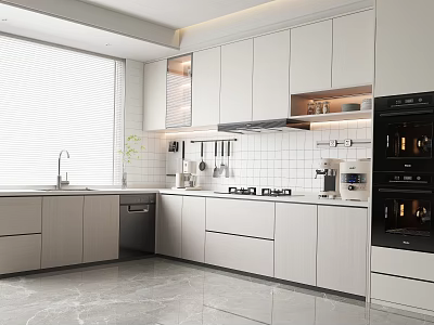 Modern Kitchen Interior Design With White Cabinets Marble Countertops And Appliances 3d model