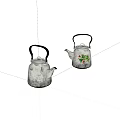 White Speckled Tea Kettles With Black Handles And Green Plant Red Berries Design