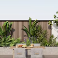 Outdoor Wooden Dining Table With Four Gray Chairs And Fruit Bowls Near Green Plants