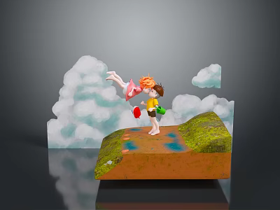 Girl Character On Green Grass Cliff Lifting Foot Holding Red Green Items Clouds And Puddle 3d model