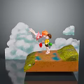 Girl Character On Green Grass Cliff Lifting Foot Holding Red Green Items Clouds And Puddle
