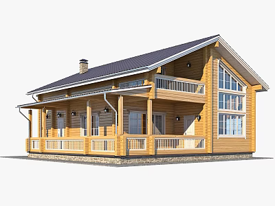 Wooden Detached House Exterior Design With Gabled Roof Porch Balcony And Large Windows 3d model