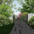 Garden Landscape With Paved Pathway Green Shrubs Pink Flowers Lawn And Iron Gate